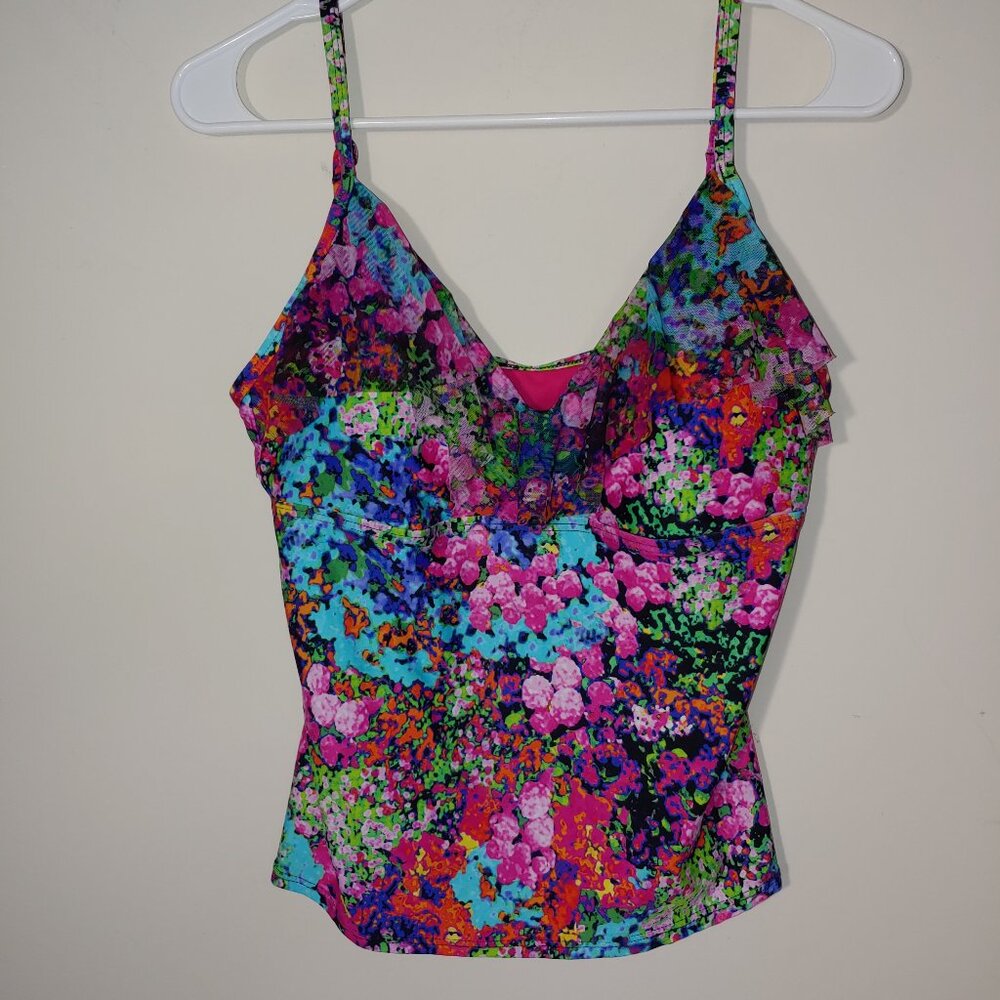 Kenneth Cole Multi-color Floral Mesh Ruffle Swim Tank Top Sz L Red